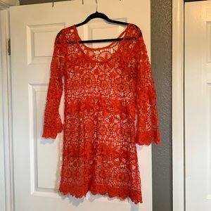 Orange Lace Dress Large Boho Hippie Feminine Mod Cute Cottage Beach Sexy‎